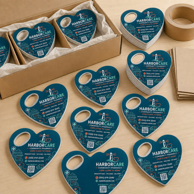 Community Pharmacy custom logo bottle opener magnet - bulk order laid out before packing