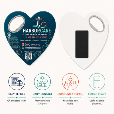 Community Pharmacy custom logo bottle opener magnet - product features