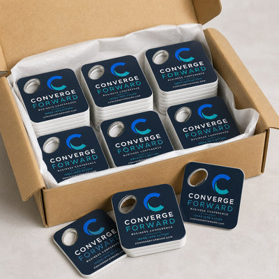 Conference Branded custom logo bottle opener magnet - bulk order laid out before packing