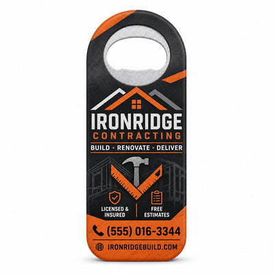 Contractor Logo custom logo bottle opener magnet - front view of the printed promotional magnet