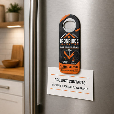 Contractor Logo custom logo bottle opener magnet - held on a refrigerator door by its magnetic back