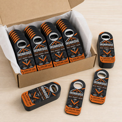 Contractor Logo custom logo bottle opener magnet - bulk order laid out before packing