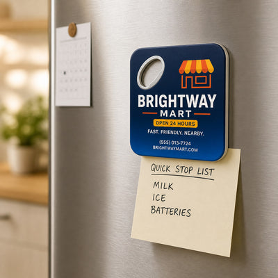 Convenience Store custom logo bottle opener magnet - held on a refrigerator door by its magnetic back