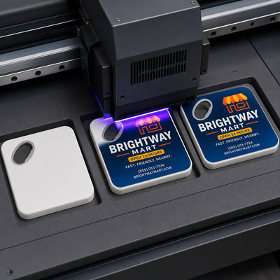 Convenience Store custom logo bottle opener magnet - close-up of the UV printed logo