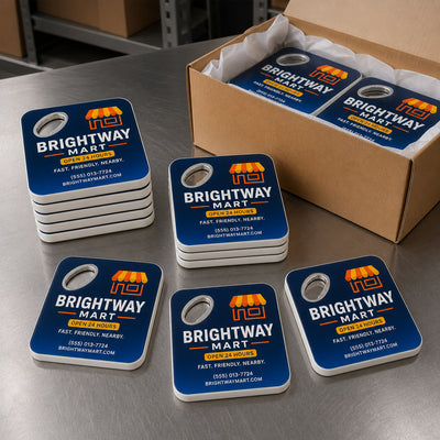 Convenience Store custom logo bottle opener magnet - bulk order laid out before packing