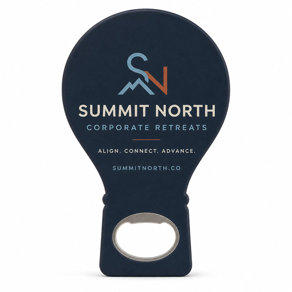Corporate Retreat custom logo bottle opener magnet - front view of the printed promotional magnet