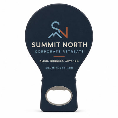 Corporate Retreat custom logo bottle opener magnet - front view of the printed promotional magnet