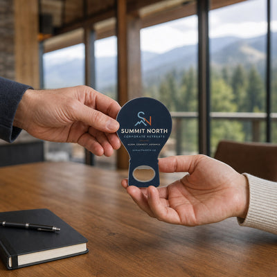 Corporate Retreat custom logo bottle opener magnet - promotional bottle opener magnet