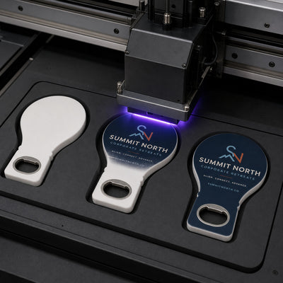 Corporate Retreat custom logo bottle opener magnet - close-up of the UV printed logo