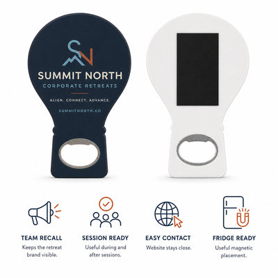 Corporate Retreat custom logo bottle opener magnet - product features