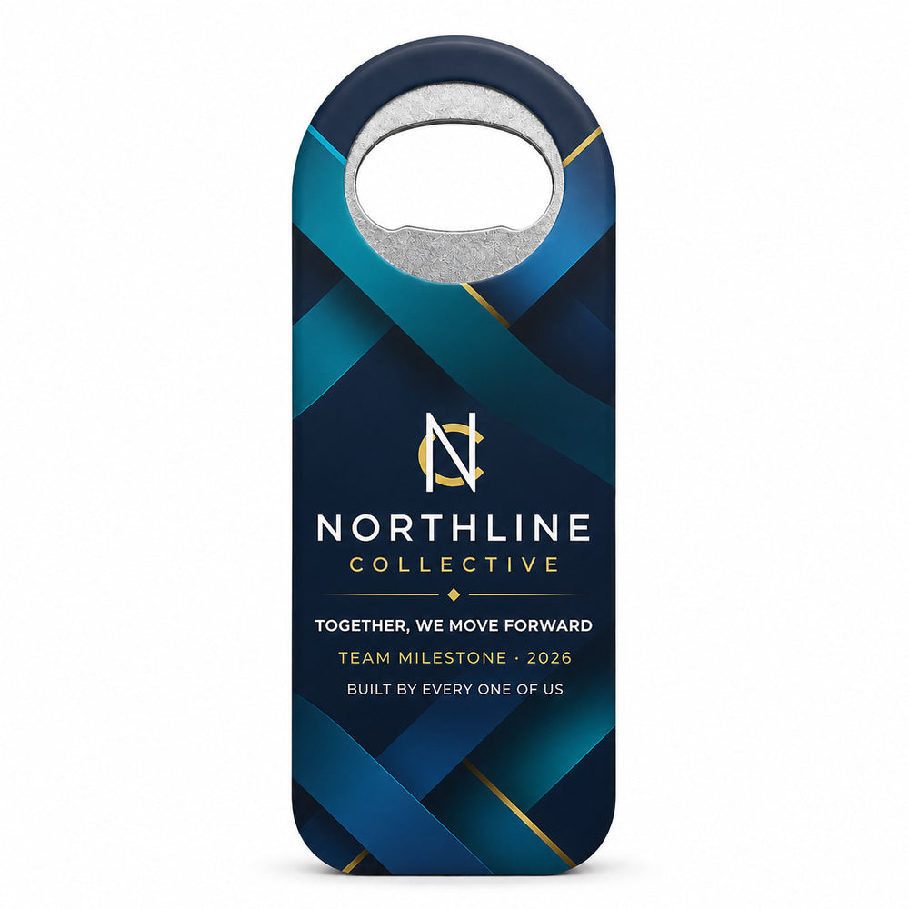 Corporate Team Gift custom logo bottle opener magnet - front view of the printed promotional magnet