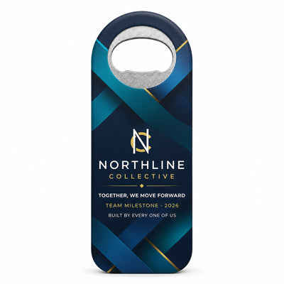 Corporate Team Gift custom logo bottle opener magnet - front view of the printed promotional magnet