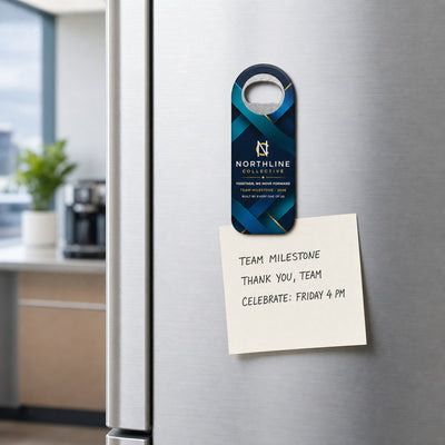 Corporate Team Gift custom logo bottle opener magnet - held on a refrigerator door by its magnetic back