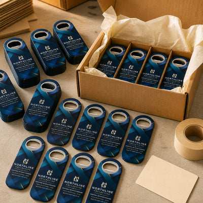Corporate Team Gift custom logo bottle opener magnet - bulk order laid out before packing