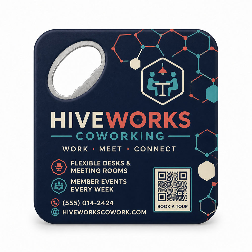 Coworking Space custom logo bottle opener magnet - front view of the printed promotional magnet