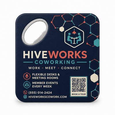 Coworking Space custom logo bottle opener magnet - front view of the printed promotional magnet