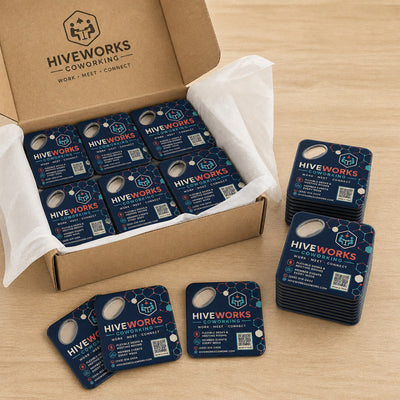 Coworking Space custom logo bottle opener magnet - bulk order laid out before packing