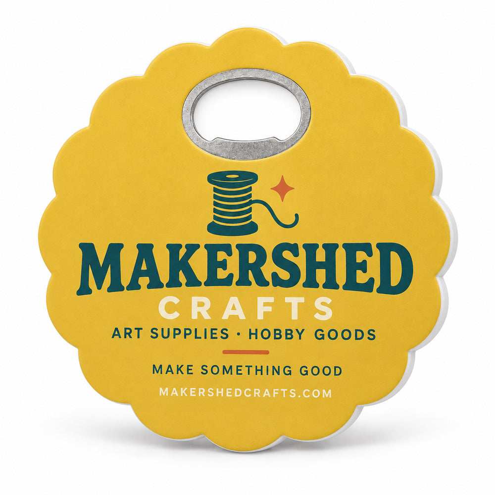 Craft Store custom logo bottle opener magnet - front view of the printed promotional magnet