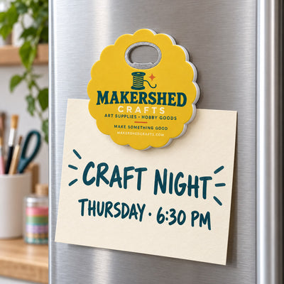 Craft Store custom logo bottle opener magnet - held on a refrigerator door by its magnetic back