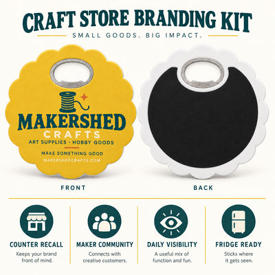 Craft Store custom logo bottle opener magnet - front and back of the opener magnet