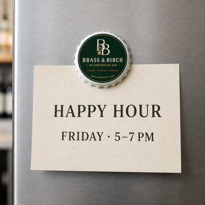 Custom Bar Logo custom logo bottle opener magnet - held on a refrigerator door by its magnetic back