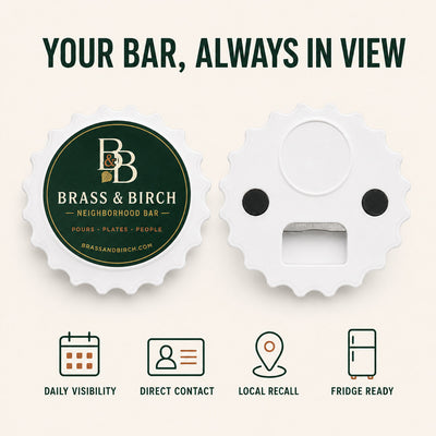 Custom Bar Logo custom logo bottle opener magnet - front and back of the opener magnet