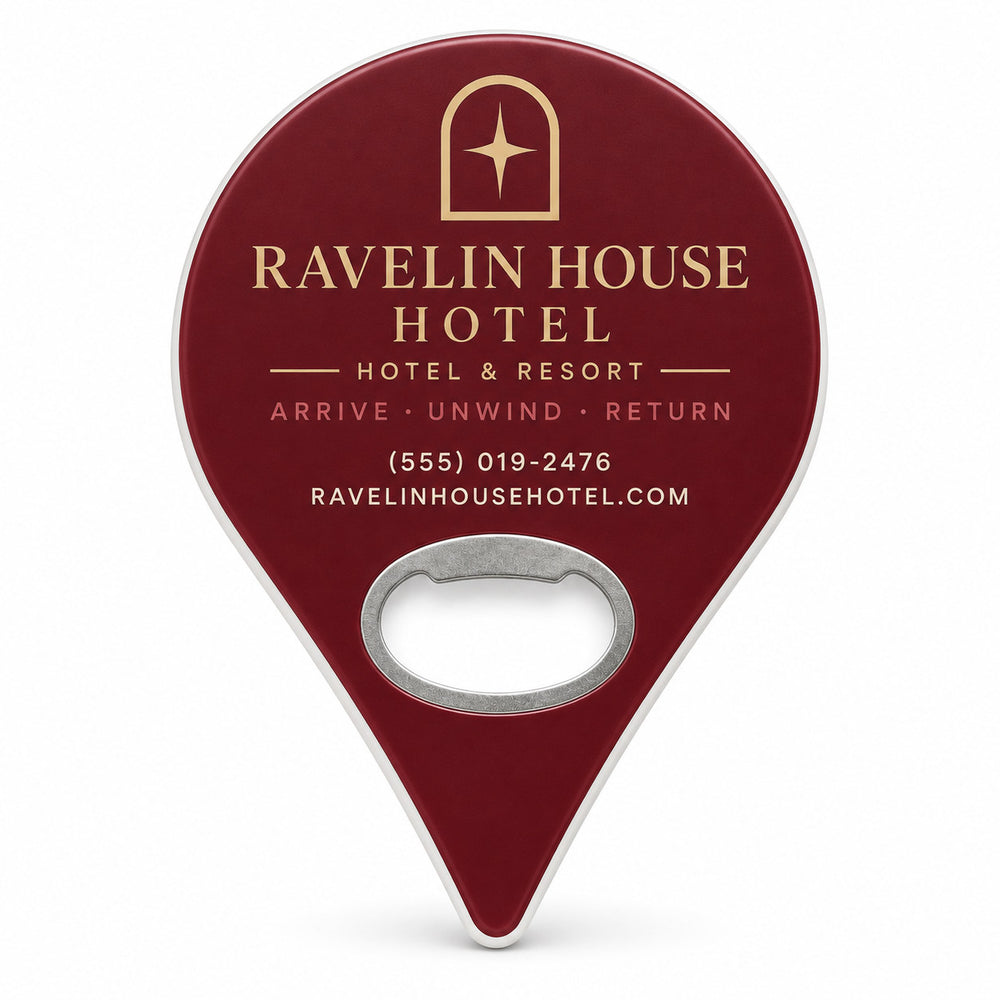 Custom Hotel custom logo bottle opener magnet - front view of the printed promotional magnet