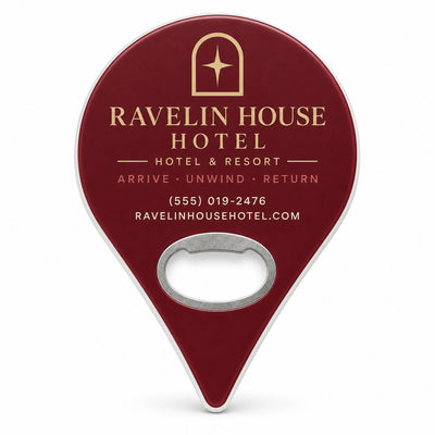 Custom Hotel custom logo bottle opener magnet - front view of the printed promotional magnet