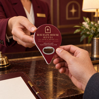 Custom Hotel custom logo bottle opener magnet - handed to a customer