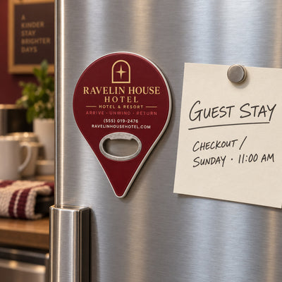 Custom Hotel custom logo bottle opener magnet - held on a refrigerator door by its magnetic back