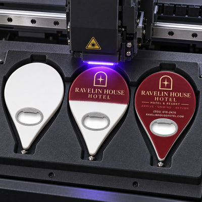Custom Hotel custom logo bottle opener magnet - close-up of the UV printed logo
