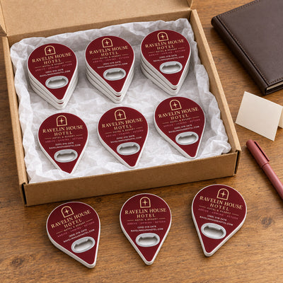 Custom Hotel custom logo bottle opener magnet - bulk order laid out before packing