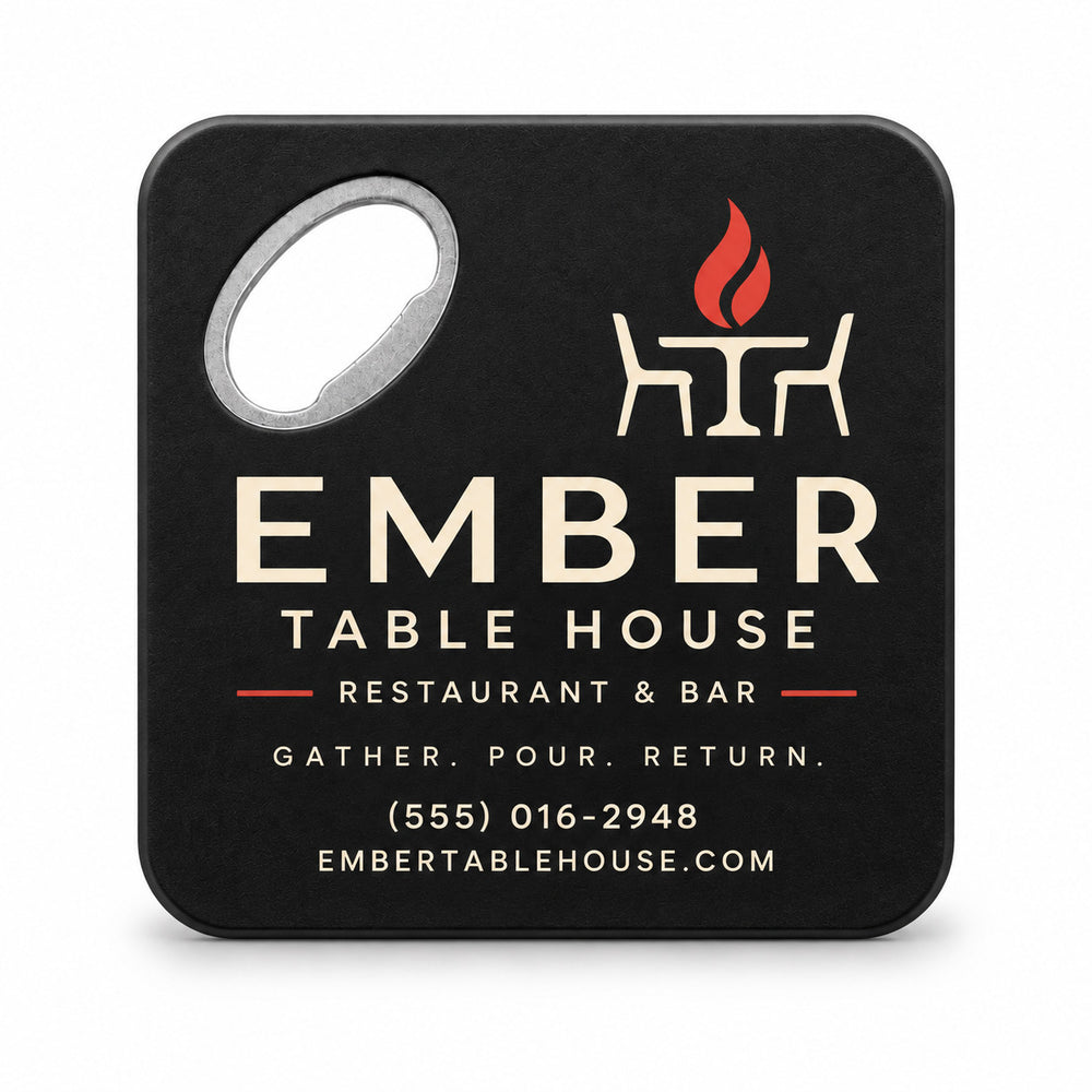 Custom Restaurant custom logo bottle opener magnet - front view of the printed promotional magnet