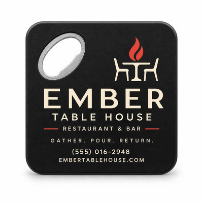 Custom Restaurant custom logo bottle opener magnet - front view of the printed promotional magnet