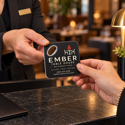 Custom Restaurant custom logo bottle opener magnet - handed to a customer