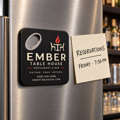 Custom Restaurant custom logo bottle opener magnet - held on a refrigerator door by its magnetic back