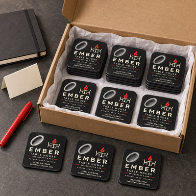 Custom Restaurant custom logo bottle opener magnet - bulk order laid out before packing