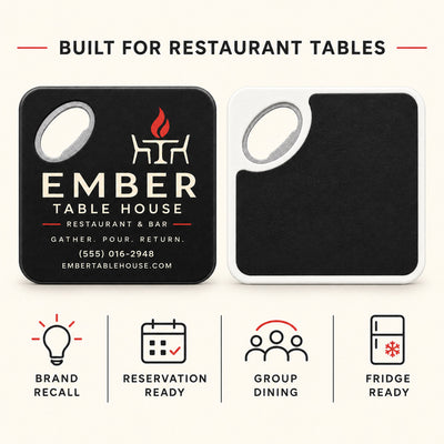 Custom Restaurant custom logo bottle opener magnet - front and back of the opener magnet
