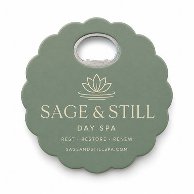 Day Spa custom logo bottle opener magnet - front view of the printed promotional magnet