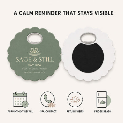 Day Spa custom logo bottle opener magnet - front and back of the opener magnet
