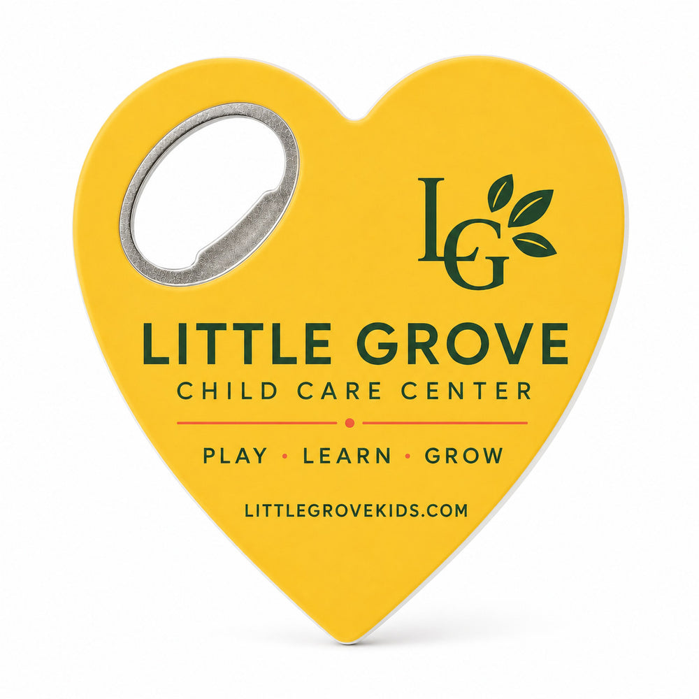 Daycare Center custom logo bottle opener magnet - front view of the printed promotional magnet