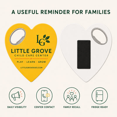 Daycare Center custom logo bottle opener magnet - front and back of the opener magnet