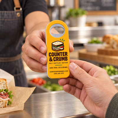 Deli custom logo bottle opener magnet - handed to a customer