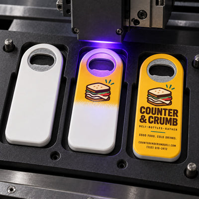 Deli custom logo bottle opener magnet - close-up of the UV printed logo