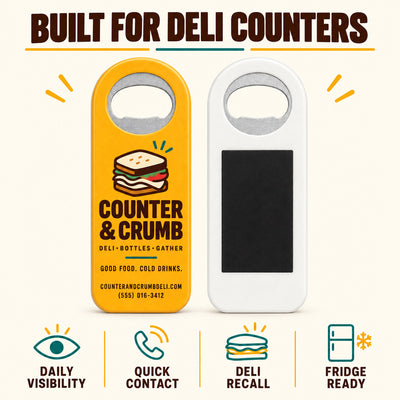 Deli custom logo bottle opener magnet - front and back of the opener magnet