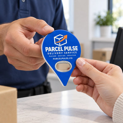 Delivery Service custom logo bottle opener magnet - handed to a customer