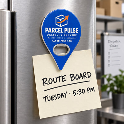 Delivery Service custom logo bottle opener magnet - held on a refrigerator door by its magnetic back