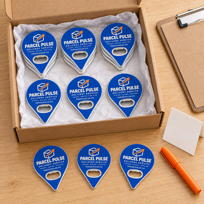 Delivery Service custom logo bottle opener magnet - bulk order laid out before packing