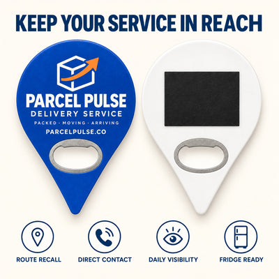 Delivery Service custom logo bottle opener magnet - front and back of the opener magnet