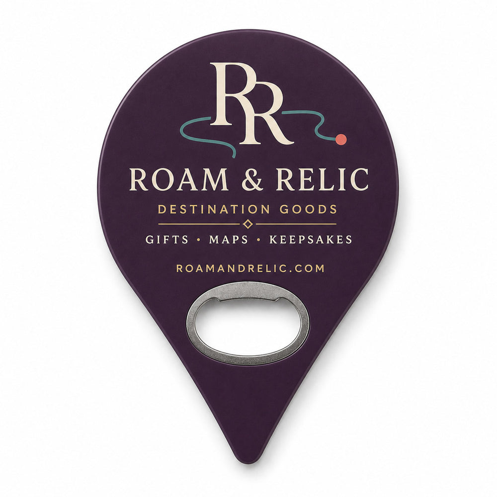 Destination Gift Shop custom logo bottle opener magnet - front view of the printed promotional magnet